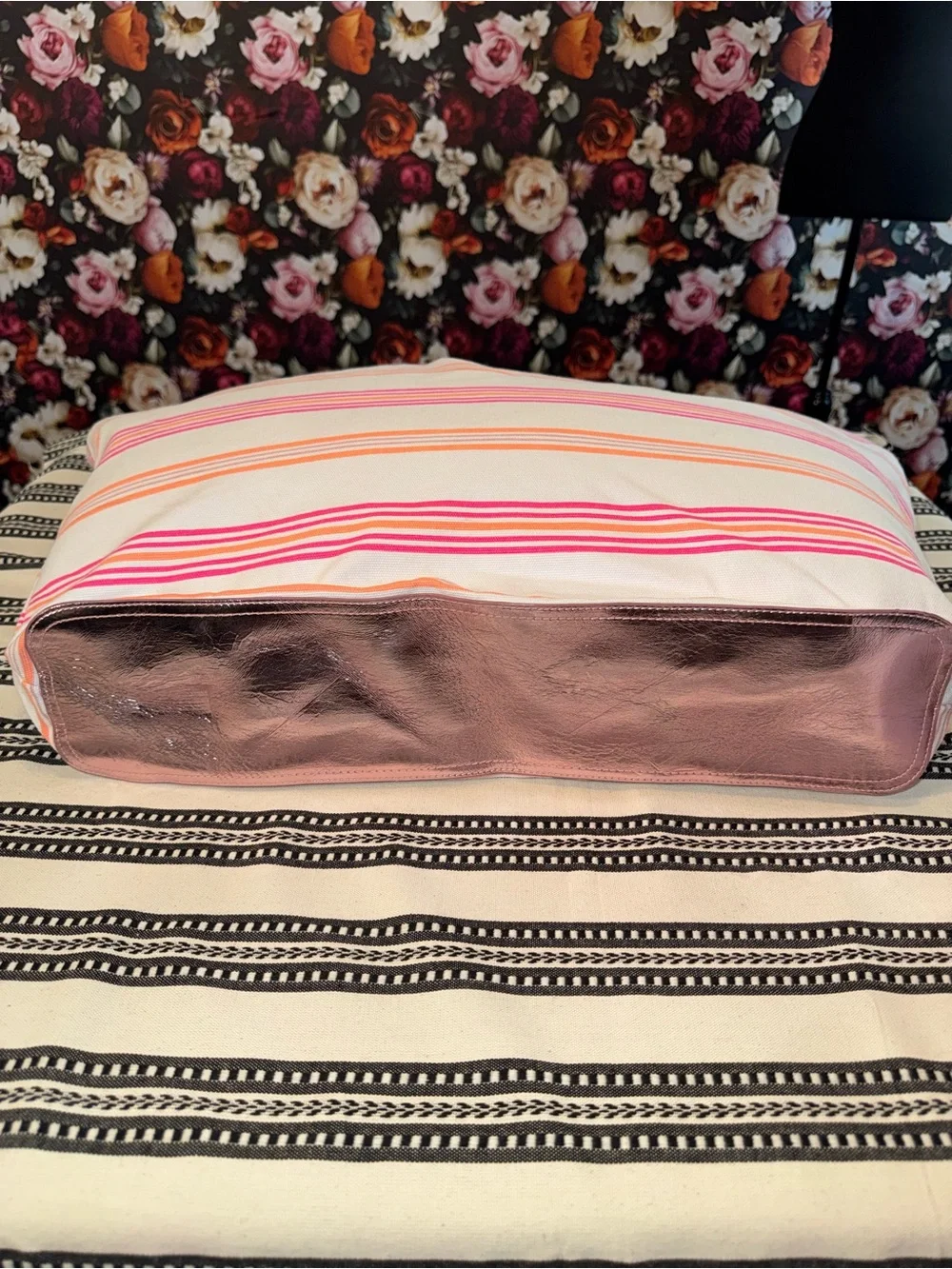 NWT RARE Vintage Oversized Victoria's Secret Pink & Orange Striped Canvas Tote